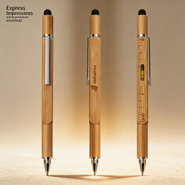 Personalized bamboo utility pen engraved with a name, showing built-in ruler and spirit level