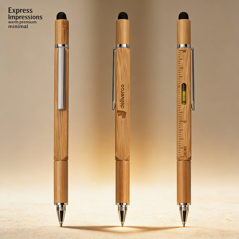 Personalized bamboo utility pen engraved with a name, showing built-in ruler and spirit level
