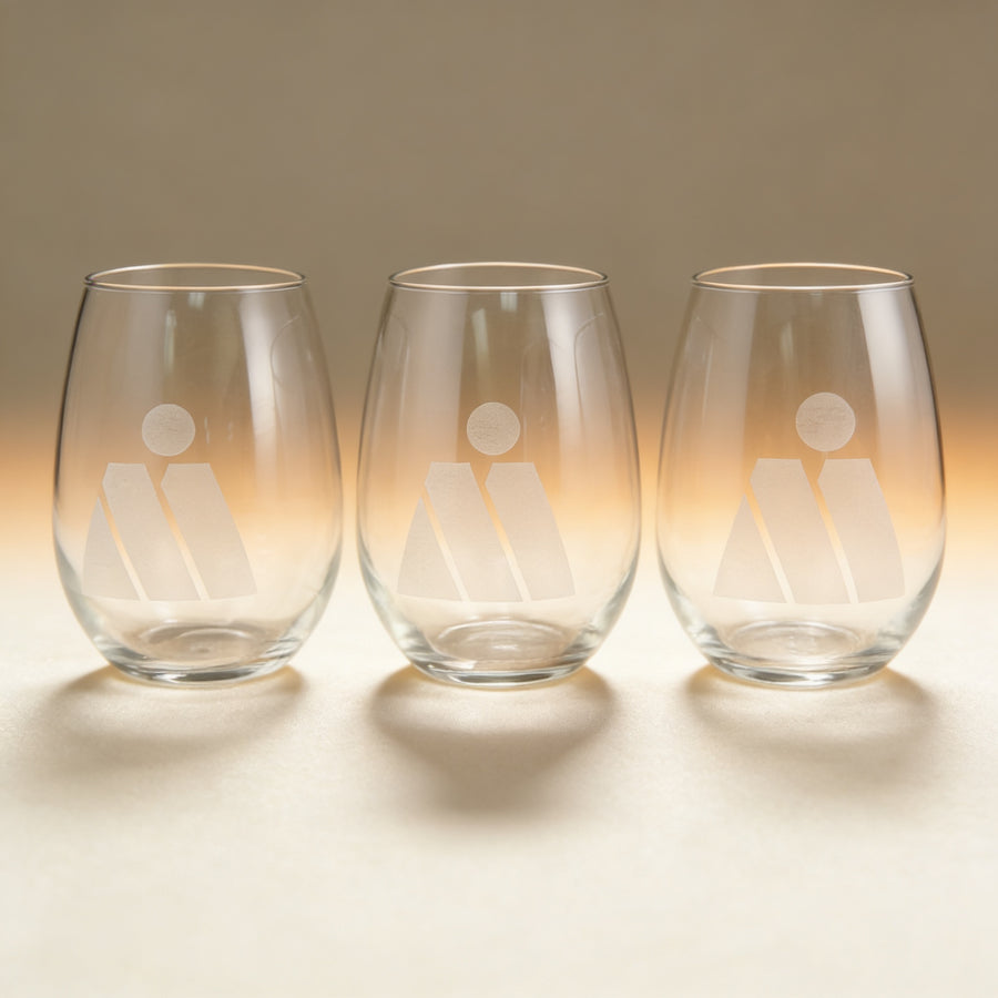 Personalized stemless wine glass engraved with a name, 17 oz clear glass