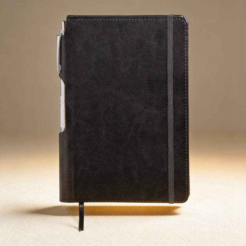 Laser engraved journal with matching pen in spine slot, personalized corporate gift