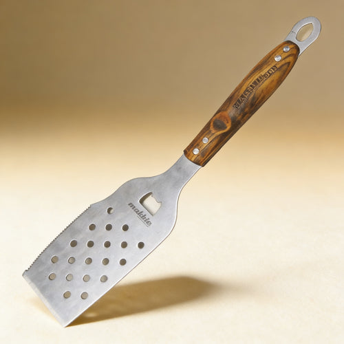 Personalized BBQ spatula engraved with a name on the wooden handle, heavy-gauge stainless steel blade