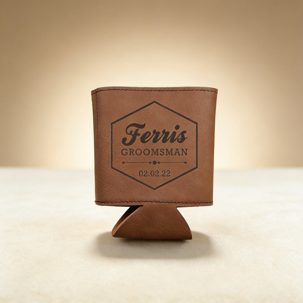 Personalized soft beer holder engraved with a monogram, dark brown faux leather