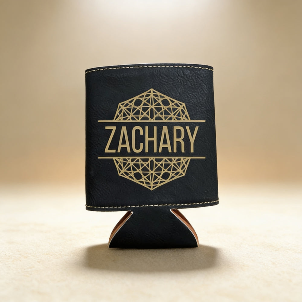 Custom laser-engraved beer holder in light brown leatherette with a name and date