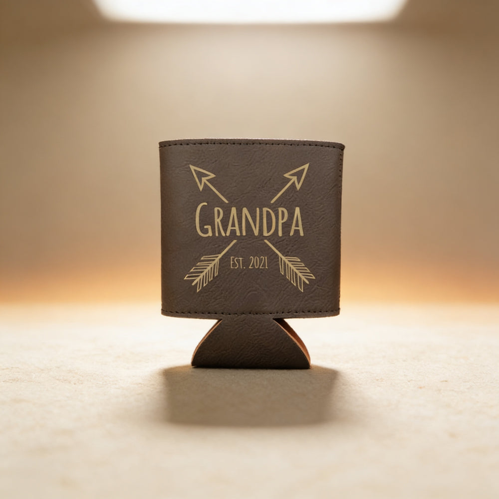 Black faux leather beer holder engraved with custom artwork, groomsmen gift