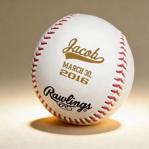 Personalized engraved baseball with a name and date laser engraved on leather sweet spot