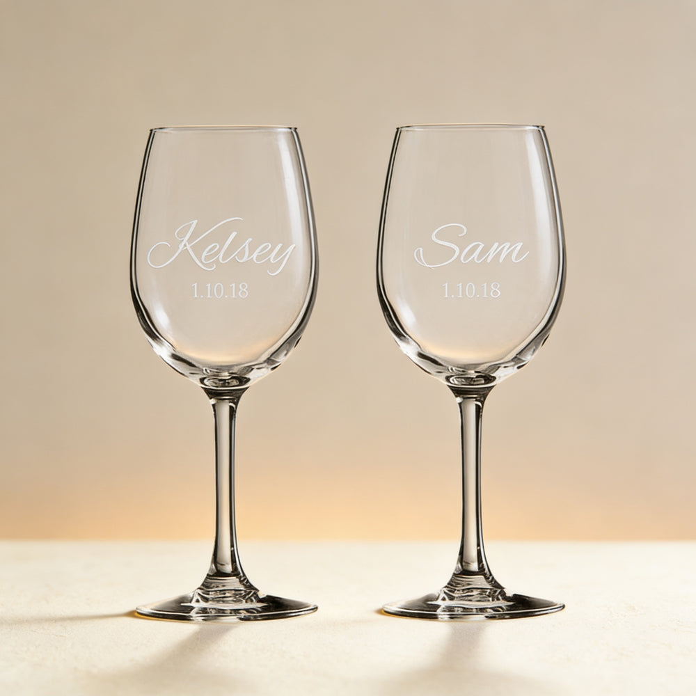 Custom engraved wine glass with monogram on bowl, classic stemmed design, 11.5 oz
