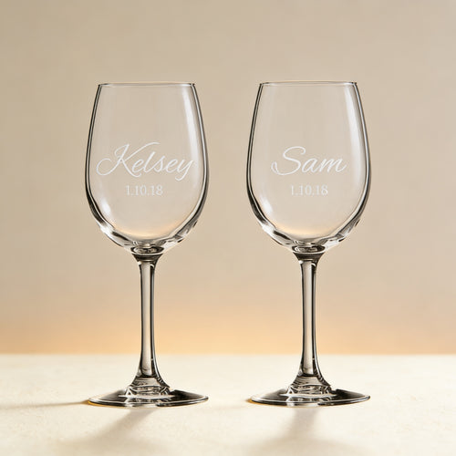 Custom engraved wine glass with monogram on bowl, classic stemmed design, 11.5 oz