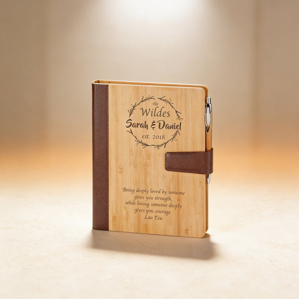 Personalized bamboo journal engraved with a name and date, hardcover spiral-bound notebook