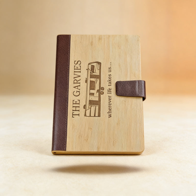 Custom engraved bamboo journal open to lined recycled paper pages, sustainable stationery gift