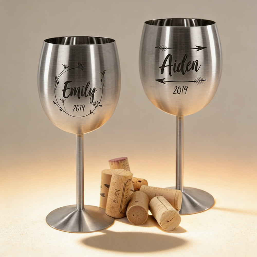 Personalized stainless steel wine goblet engraved with a name, brushed finish