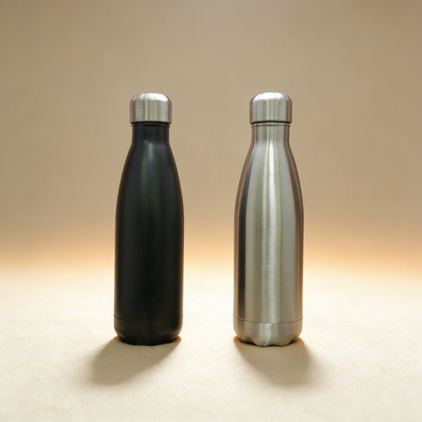 Custom engraved Pin Water Bottle in silver, double-wall vacuum-insulated stainless steel