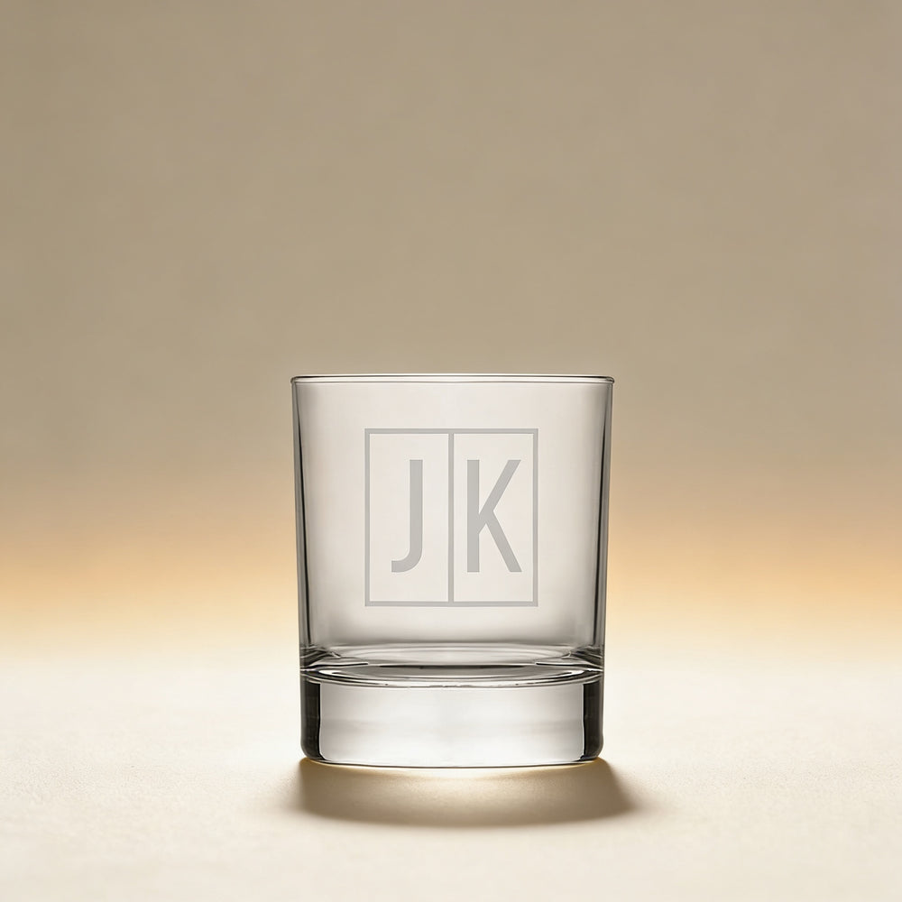 Personalized whiskey glass engraved with a monogram, 10 oz. clear glass