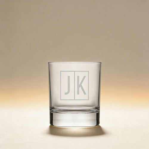 Personalized whiskey glass engraved with a monogram, 10 oz. clear glass