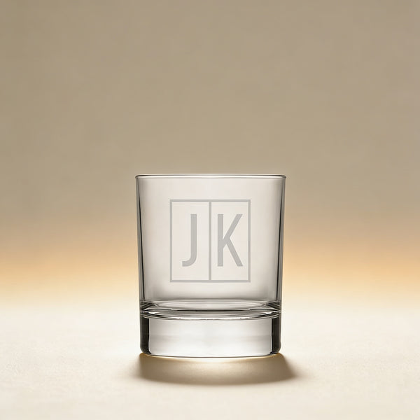 Personalized whiskey glass engraved with a monogram, 10 oz. clear glass