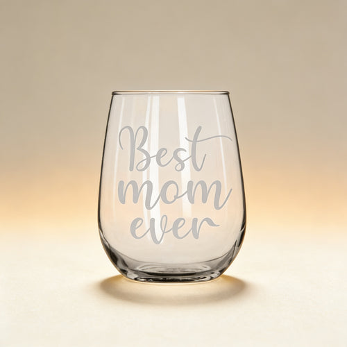 Custom engraved stemless wine glass with monogram, laser engraved glassware