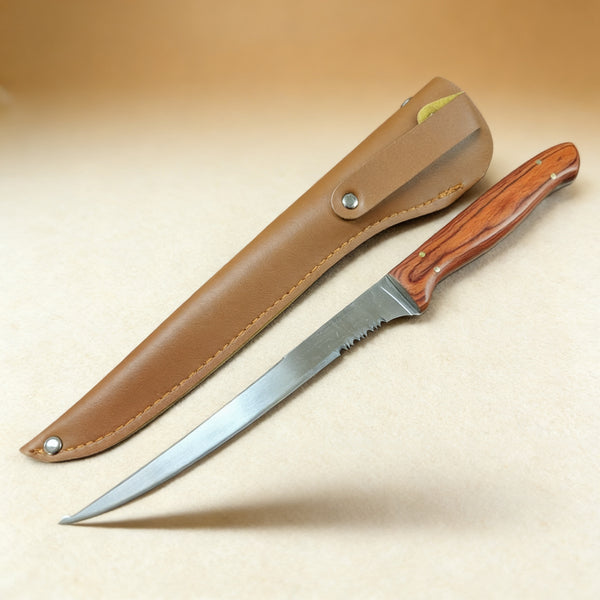 Personalized fillet knife engraved with a name on rosewood handle, stainless steel blade open