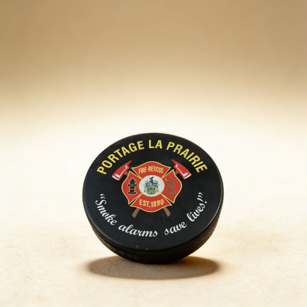 Personalized hockey puck with custom logo printed in full colour, vulcanized rubber