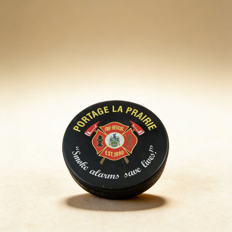 Personalized hockey puck with custom logo printed in full colour, vulcanized rubber