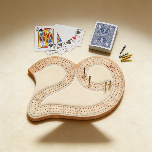 Personalized solid wood cribbage board engraved with a family name, 29-shape, 10.25 x 7.75 inches