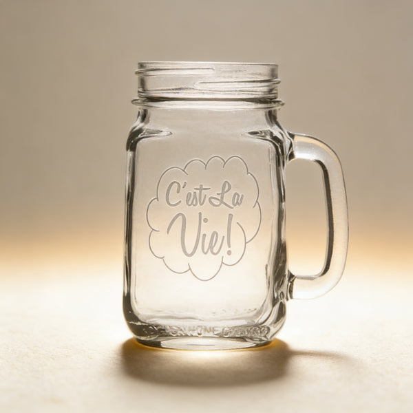 Personalized mason jar mug engraved with a name and date, 16 oz clear glass with handle