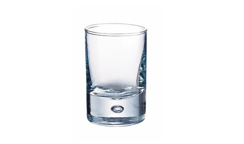 Personalized round mouth shot glass engraved with a name and date, 1.5 oz clear glass