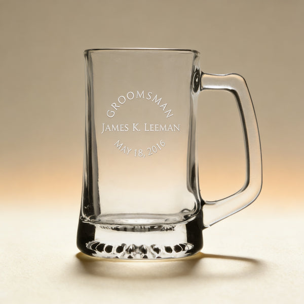 Personalized glass beer mug engraved with a name and monogram, 15 oz. glass stein