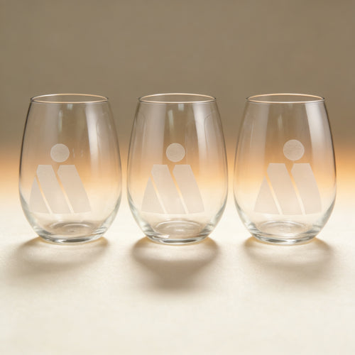 Personalized stemless wine glass engraved with a name, 17 oz clear glass