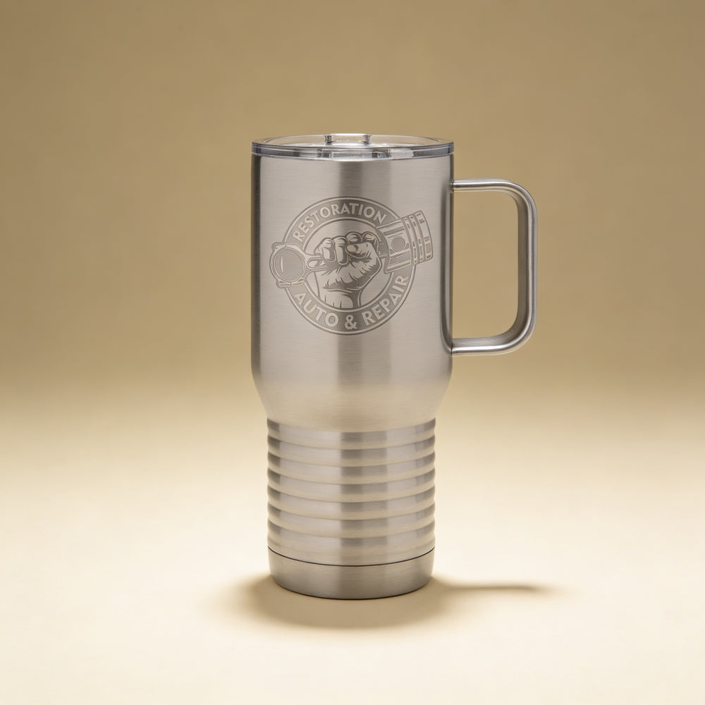 Personalized Polar Camel travel mug engraved with a name, 20 oz stainless steel in black