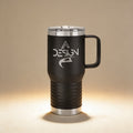 Custom engraved 20 oz Polar Camel travel mug in silver with slider lid and handle