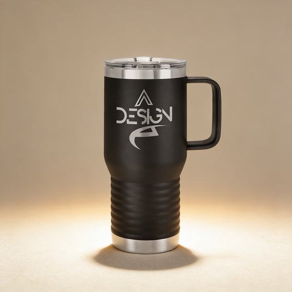 Custom engraved 20 oz Polar Camel travel mug in silver with slider lid and handle