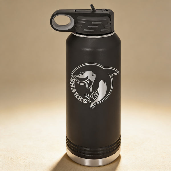 Custom engraved 32 oz silver stainless steel water bottle with monogram, double-wall insulated