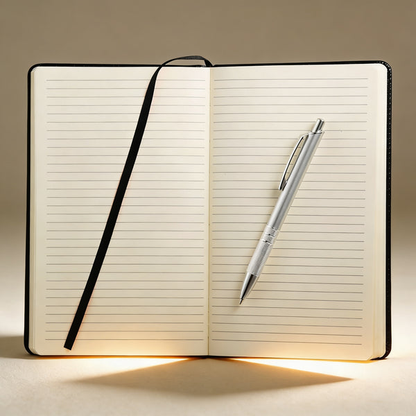 Custom engraved notebook and aluminium pen set, Black UltraHyde cover with ribbon marker