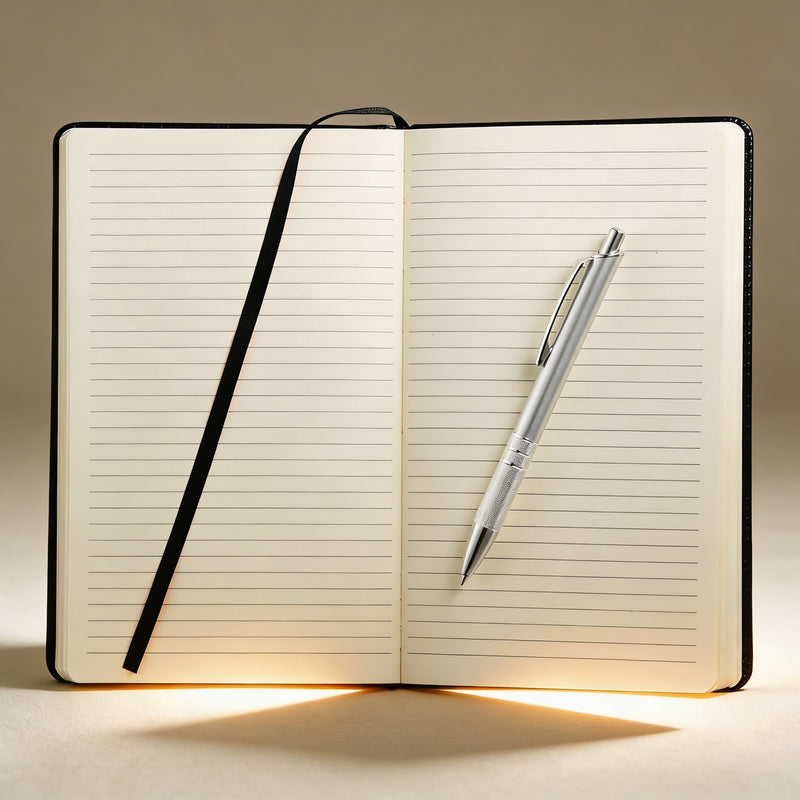 Custom engraved notebook and aluminium pen set, Black UltraHyde cover with ribbon marker