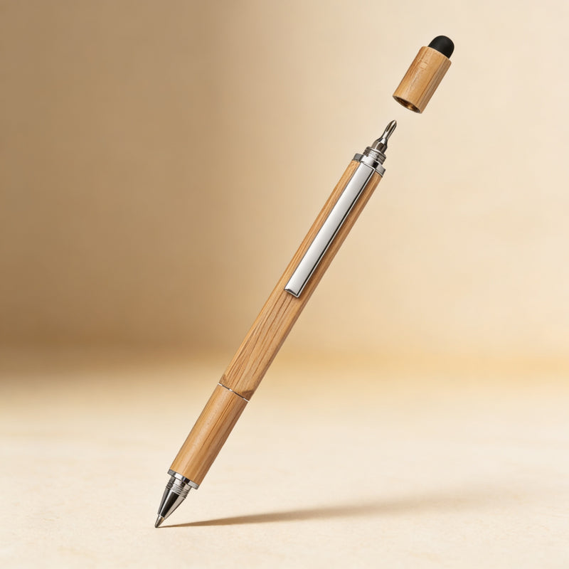 Laser engraved bamboo utility pen gift set, close-up of engraved monogram on barrel