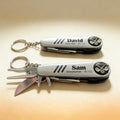 Laser engraved golf multi-tool gift set for groomsmen, closed position on wooden surface