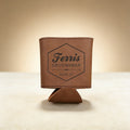 Personalized soft beer holder engraved with a monogram, dark brown faux leather