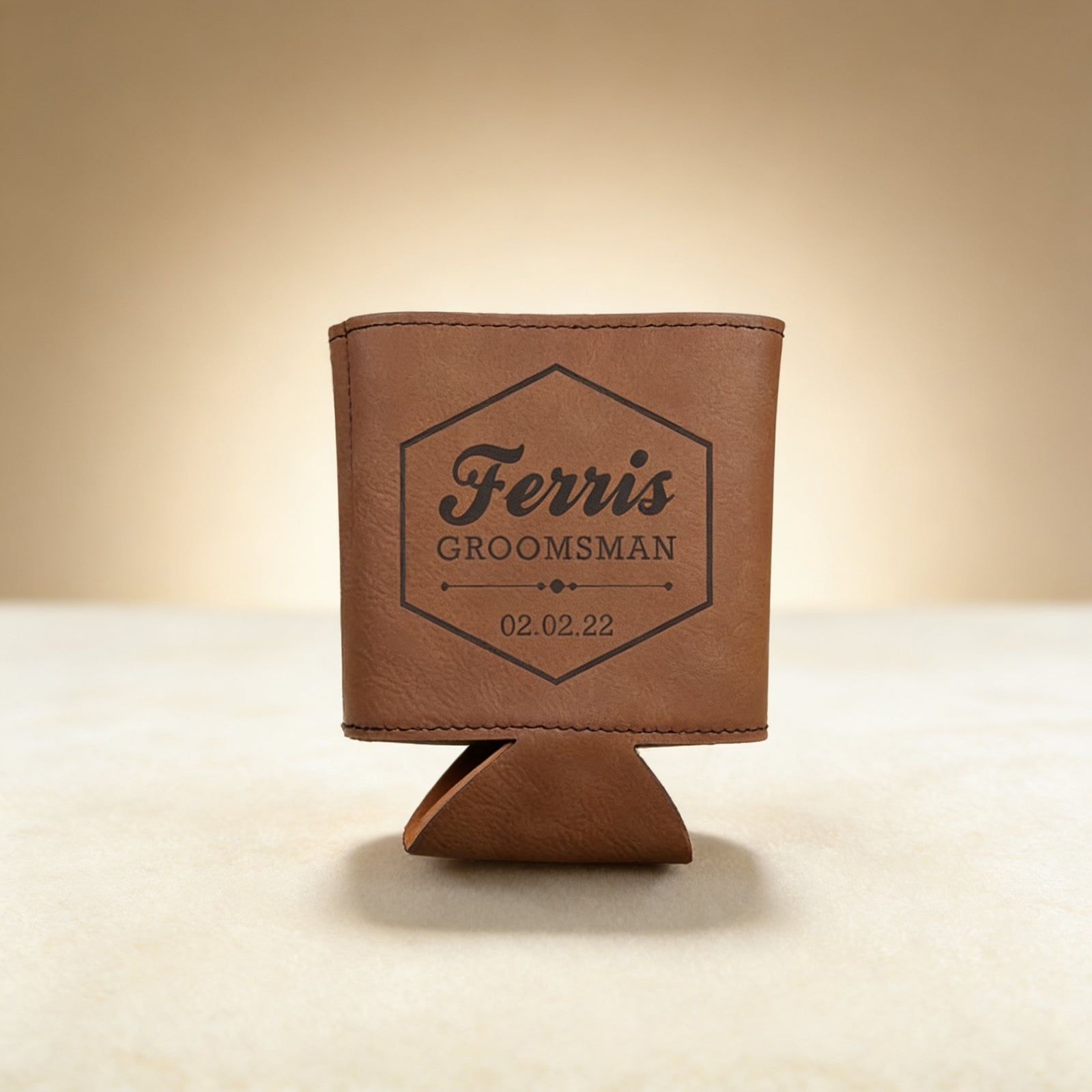 Personalized soft beer holder engraved with a monogram, dark brown faux leather
