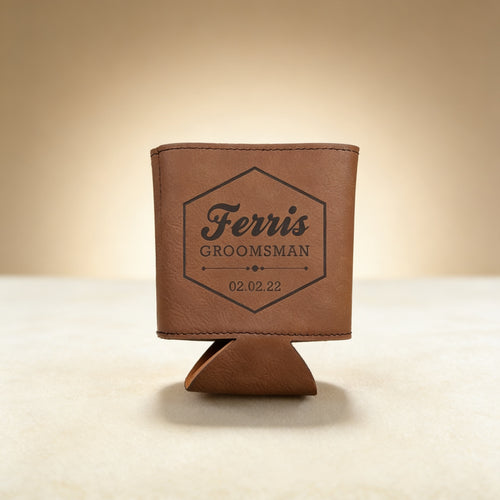Personalized soft beer holder engraved with a monogram, dark brown faux leather