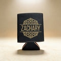 Custom laser-engraved beer holder in light brown leatherette with a name and date