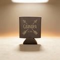 Black faux leather beer holder engraved with custom artwork, groomsmen gift