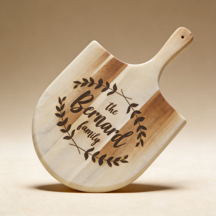 Engraved pizza paddle gift for home cooks, natural acacia wood grain detail