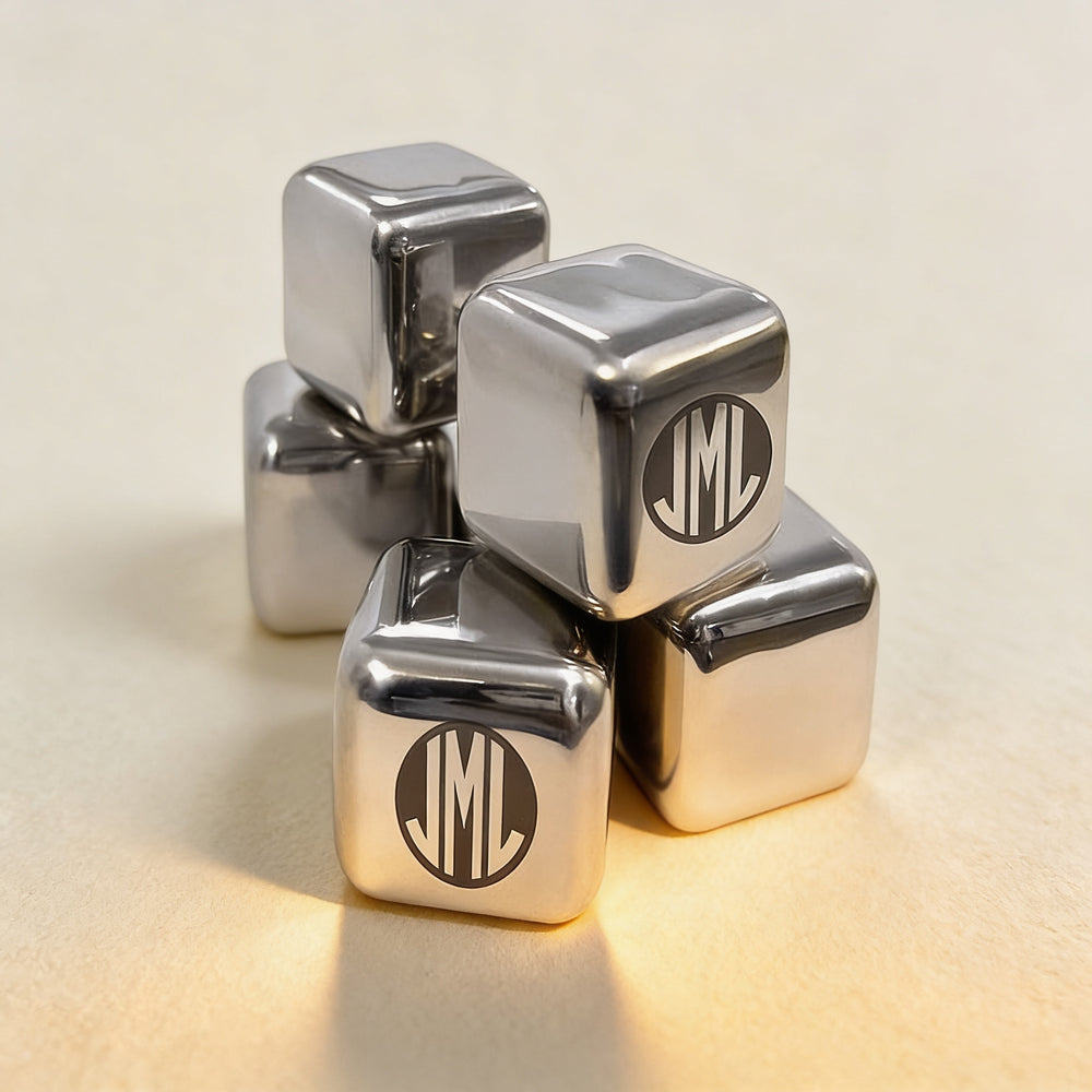 Brushed stainless steel ice cubes set of 6 with engraved gift box, whiskey bar accessory