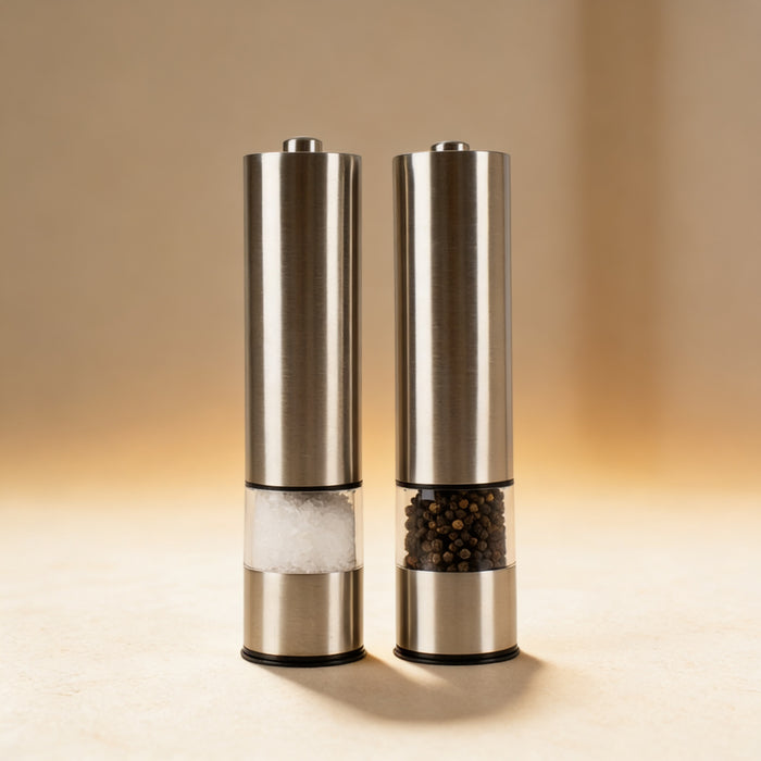 Personalized automatic pepper mill engraved with a monogram, brushed stainless steel body