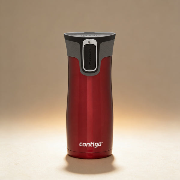 Custom engraved Contigo West Loop mug showing laser-engraved monogram on gunmetal finish