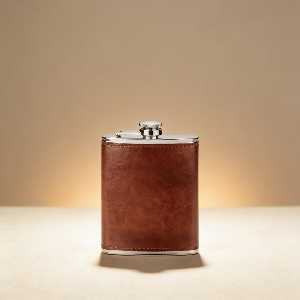 Leather-wrapped hip flask custom engraved with a monogram, front view on dark wood surface