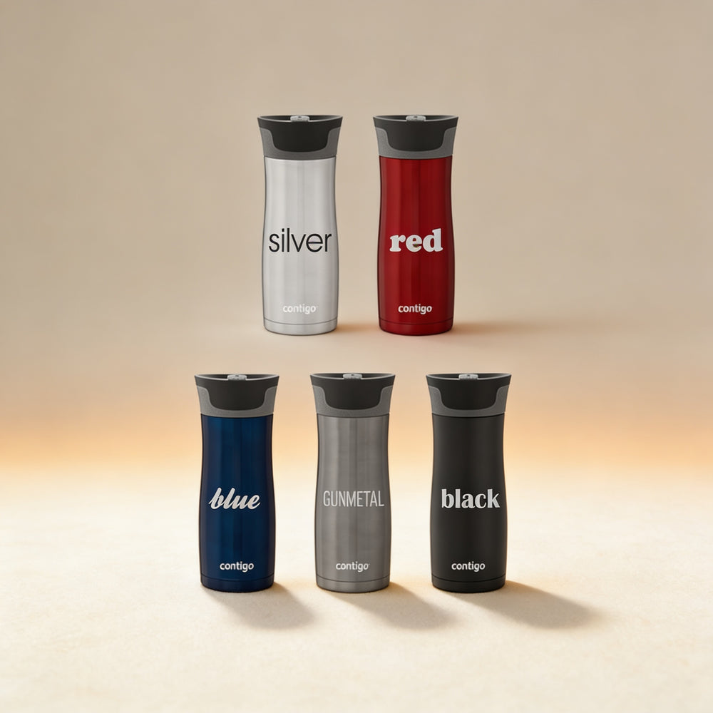Personalized Contigo West Loop travel mug engraved with a name, 16 oz stainless steel in black