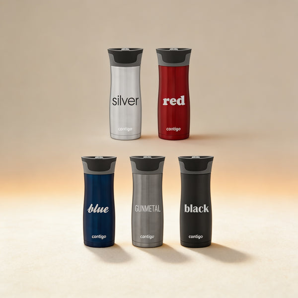 Personalized Contigo West Loop travel mug engraved with a name, 16 oz stainless steel in black