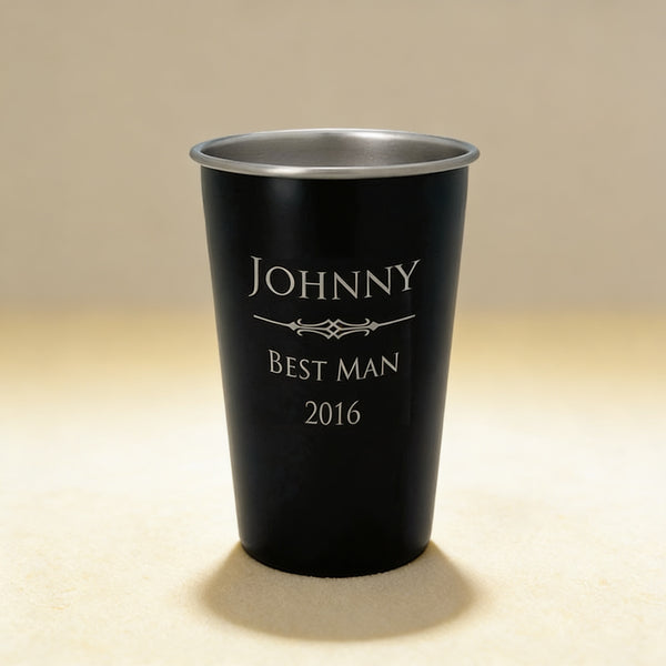 Personalized stainless steel pint glass engraved with a name, 16 oz silver finish