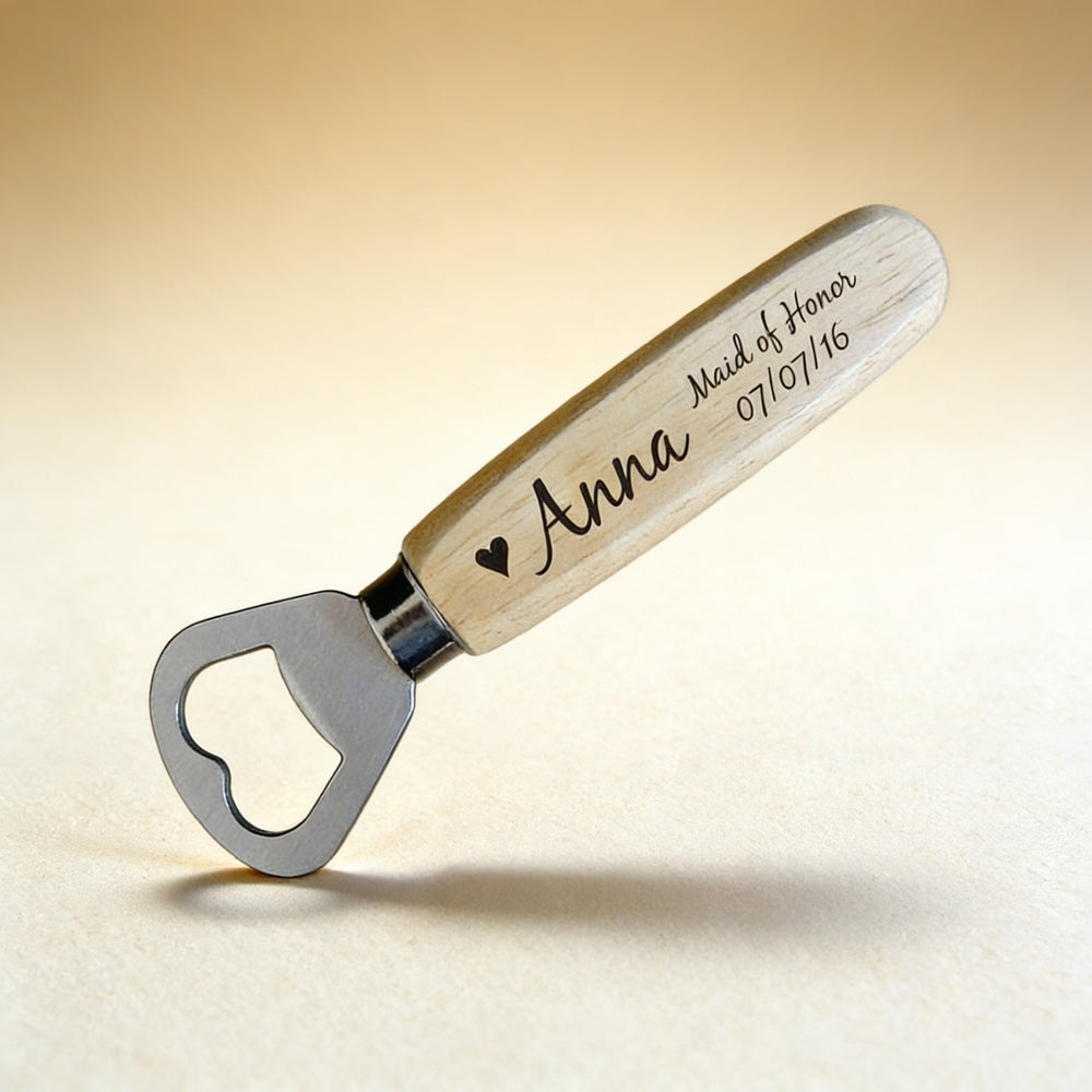 Personalized wood handle bottle opener engraved with a name, oak and stainless steel