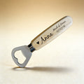Personalized wood handle bottle opener engraved with a name, oak and stainless steel